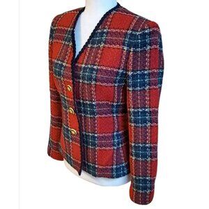 VTG Kasper II ASL Plaid Wool Blend Blazer Red Green Gold Button Jacket Size 14